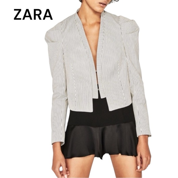 Zara Jackets & Blazers - Zara Cream Black Pinstripe Puff Sleeve Cropped Blazer Jacket Size Small